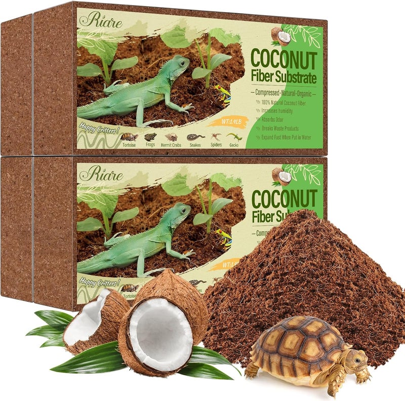 Riare 4 Pack Natural Coconut Fiber Substrate for Reptile- Premium Compressed Coconut Husk Terrarium Bedding for Reptile, Tortoise, Frogs, Snakes Hermit Crabs, Burrowing Animals - Image 1